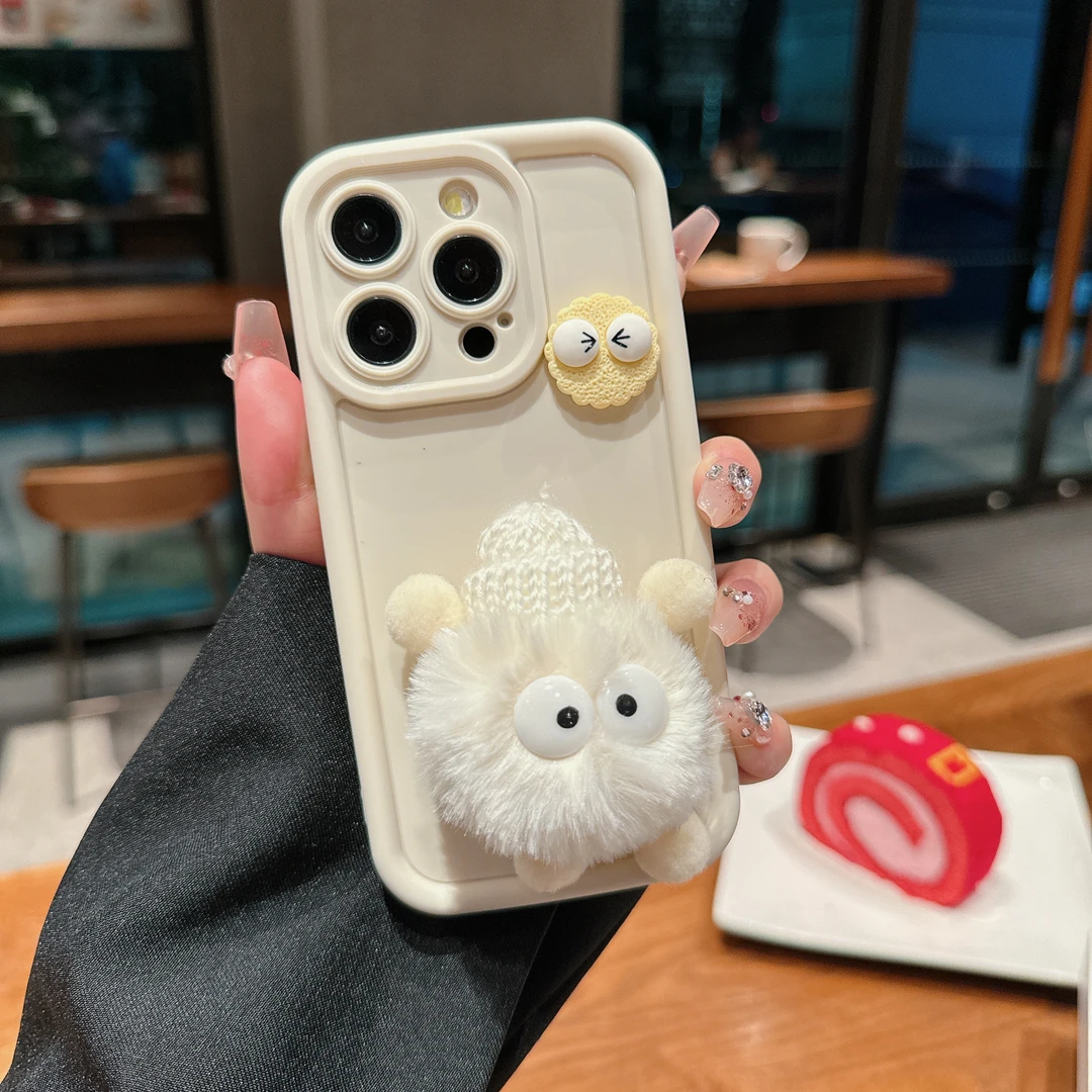 立体绒毛煤球苹果15秋冬款全包手机壳oppo小米vivo华为mate60硅胶