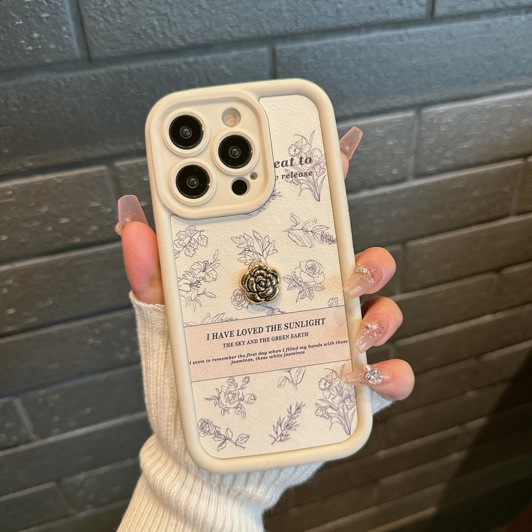 皮纹线条玫瑰山茶花苹果15手机壳iPhone15promax女款可爱保护壳