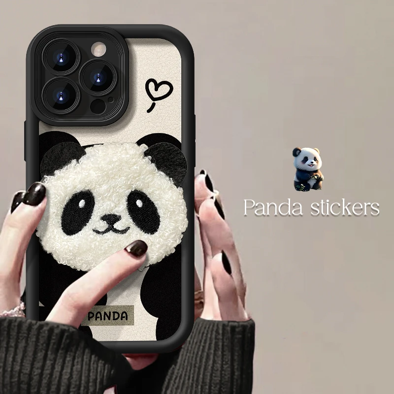绒布熊猫公仔苹果15秋冬款全包手机壳oppo小米vivo华为mate60硅胶