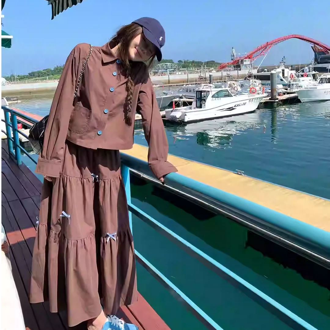 圆脸柒柒 秋季套装裙女两件套长袖衬衫半身长裙TQQ24080003S