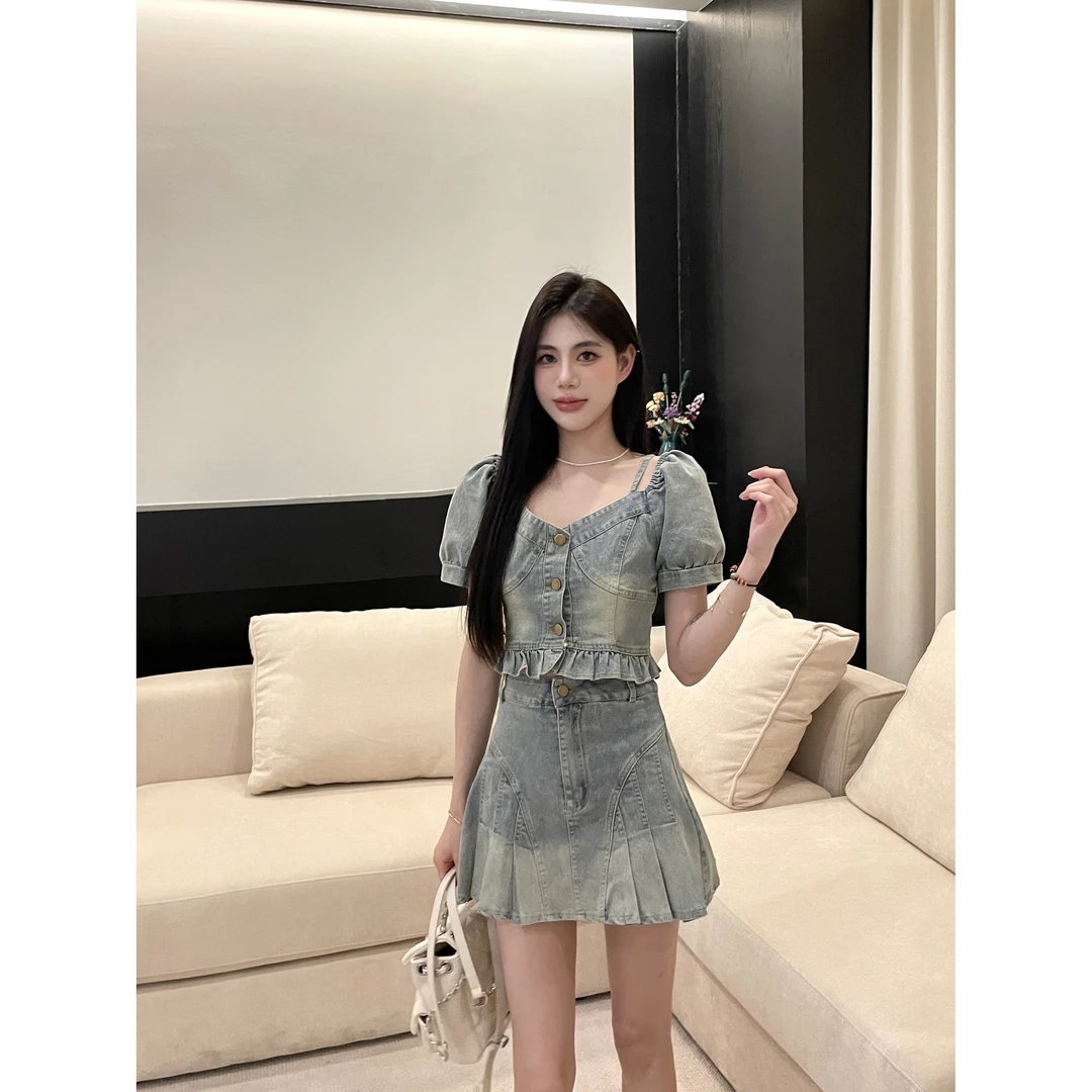清邱肉瑶「海岸岛屿」夏季水牛仔单排扣上衣半身裙套装气质辣妹肖