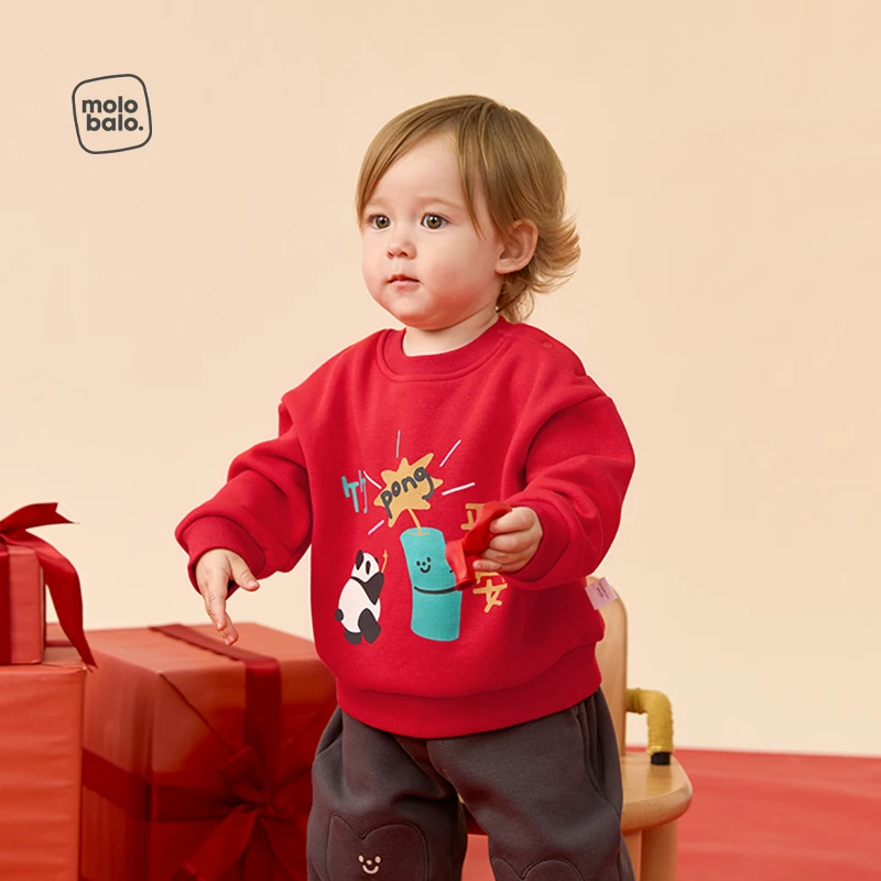 【熊猫爆竹】麦拉贝拉婴幼儿卫衣秋冬加绒保暖宝宝红色喜庆拜年服