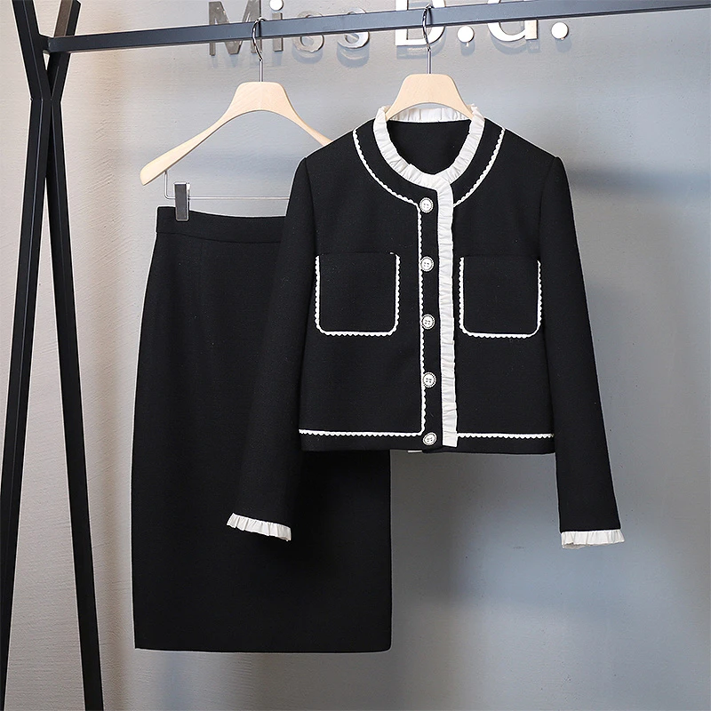 秋冬季气质撞色洋气黑色圆领小香风时尚显瘦减龄裙女XH-F241