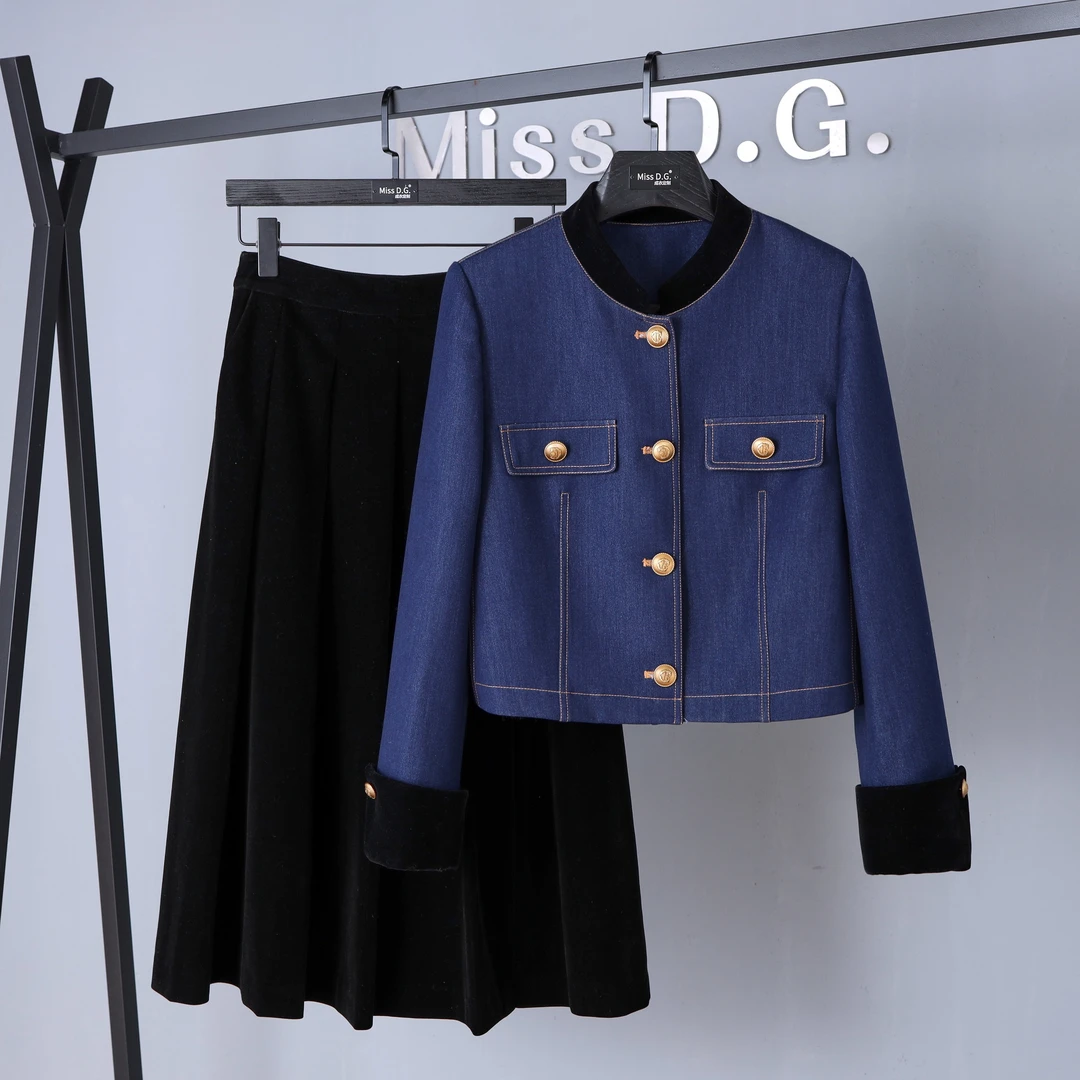 2024秋季新款圆领拼接牛仔小香风上衣气质显瘦丝绒半身裙女PP-H08