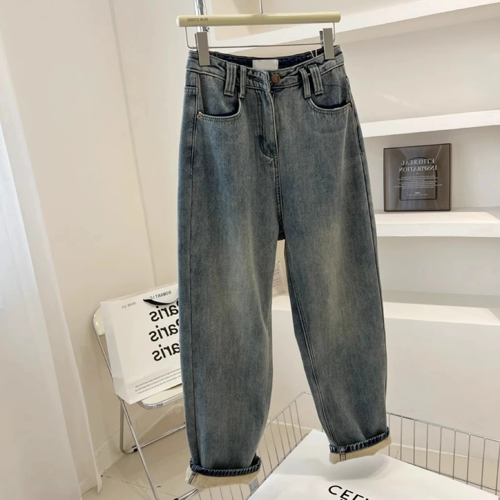 大码秋冬新款高腰时尚气质宽松加绒加厚保暖复古直筒阔腿牛仔裤女