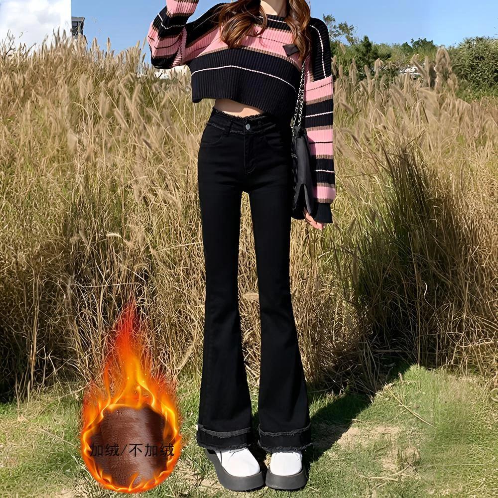 小个子黑色微喇牛仔裤女秋冬季高腰时尚气质百搭修身弹力显瘦长裤