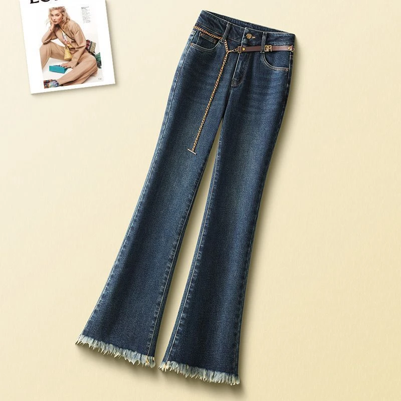 春秋新款高腰时尚复古毛边宽松显瘦百搭休闲直筒阔腿微喇牛仔裤子