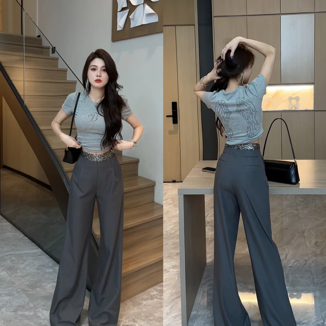 【大婷婷】显瘦直筒喇叭裤夏季亮片拼接高腰灰西装休闲裤气质DT0123