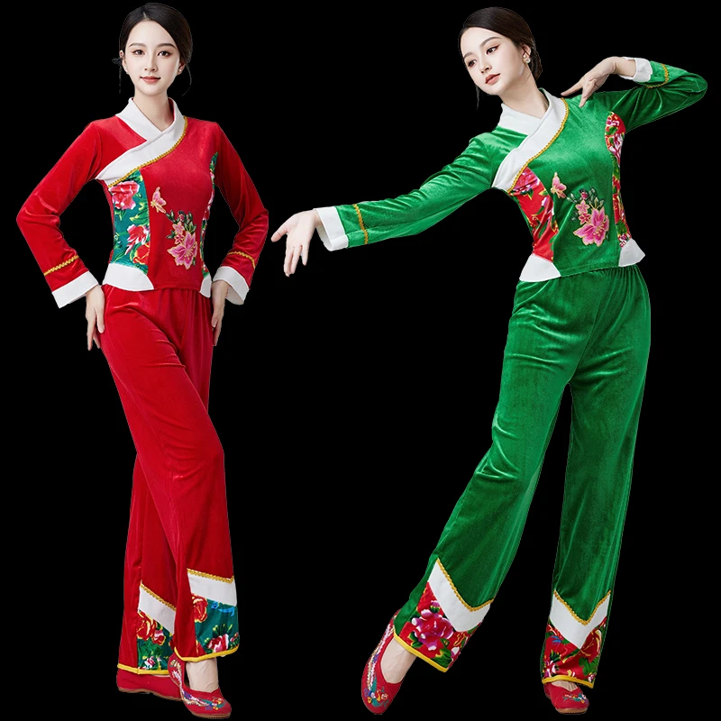 秋冬广场舞服装新款金丝绒套装民族风秧歌舞团队打腰鼓舞表演服女