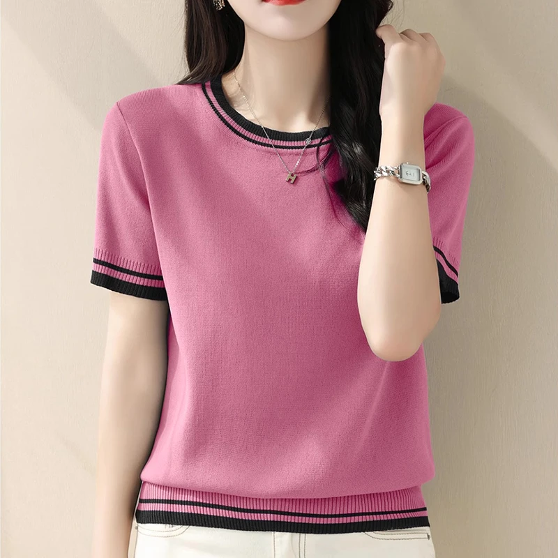 女款洋气夏季宽松白色冰丝针织短袖t恤女拼色圆领显瘦洋气薄上衣