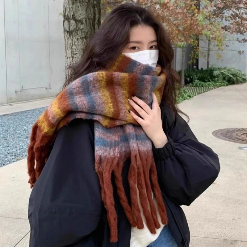 韩版秋冬保暖围巾拉毛彩色加厚围脖女条纹高级感拼色百搭防风披肩
