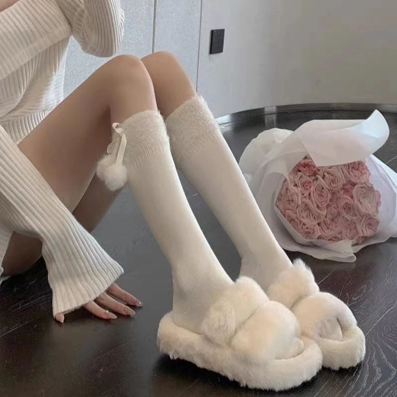 防水貂绒纯欲毛球小腿袜奶白保暖中筒袜春秋显瘦粗腿甜美冬季袜子