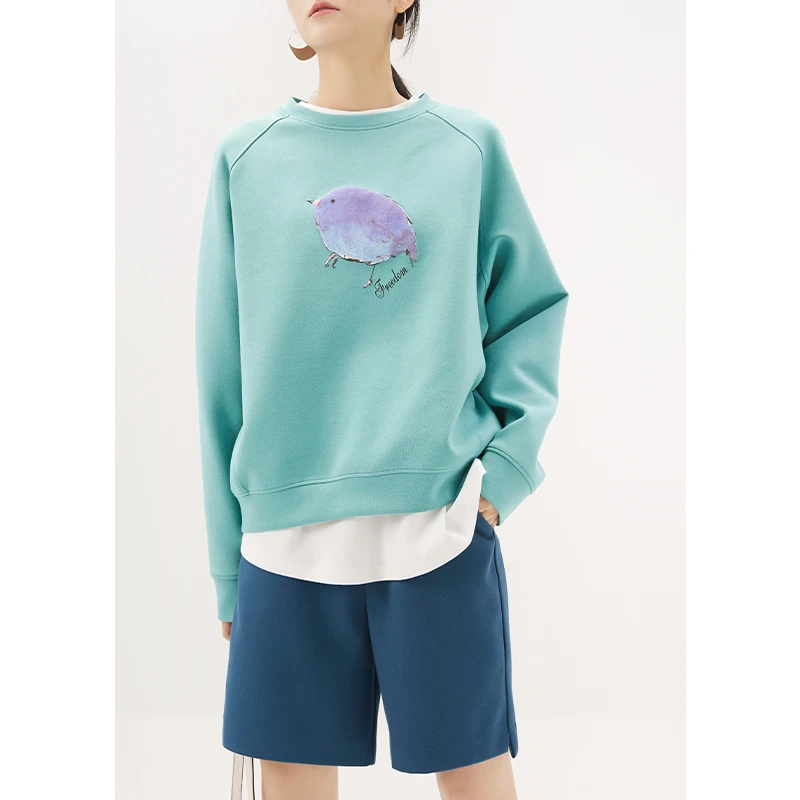 萌趣自由飞鸟 发泡工艺 柔韧立体 休闲宽松插肩袖圆领套头卫衣