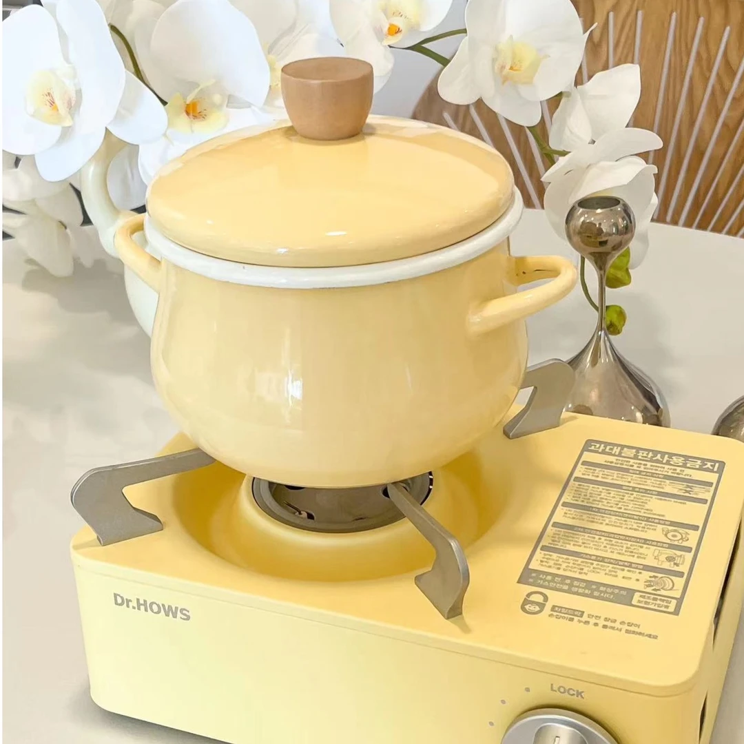 魔偶古家居马卡龙奶黄色搪瓷锅18cm汤锅3斤容量奶油风奶锅可油炸