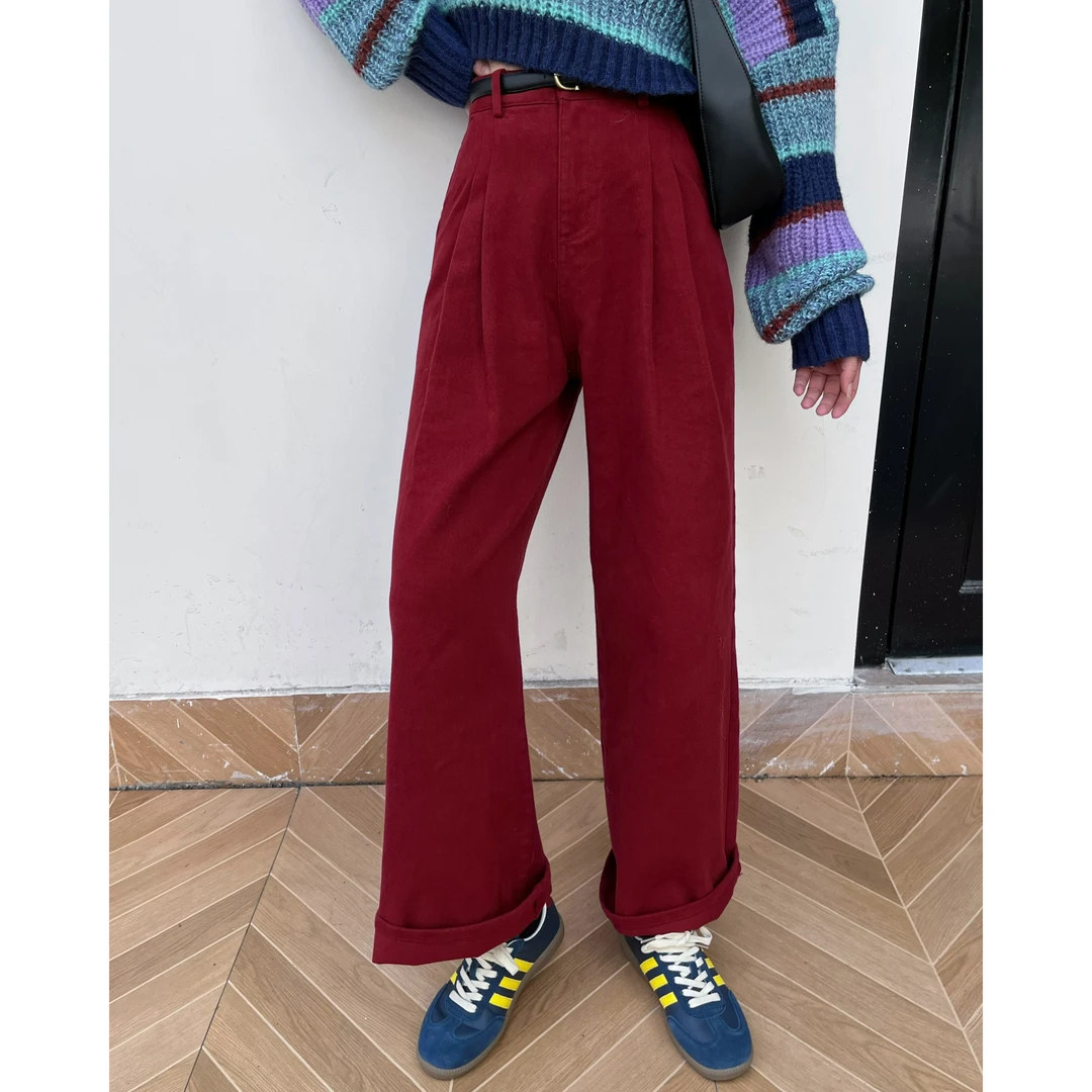 【玫瑰花酱】秋冬新品高腰时尚百搭复古锈红显瘦休闲牛仔裤