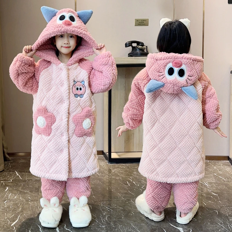 儿童法兰绒三层夹棉女童睡袍加绒加厚中大童女孩6-12岁可爱家居服