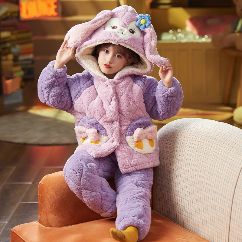 睡衣珊瑚绒女童三层夹棉加绒加厚儿童新款冬季套装公主外穿家居服