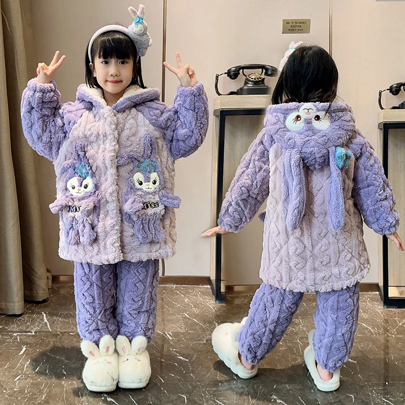 女童睡衣加绒三层夹棉儿童冬季套装中大童珊瑚绒加厚法兰绒家居服