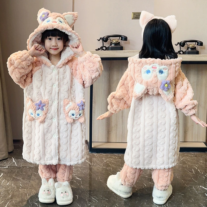 冬季新款女童珊瑚绒睡袍加绒儿童套装睡衣外穿公主洋气可爱家居服