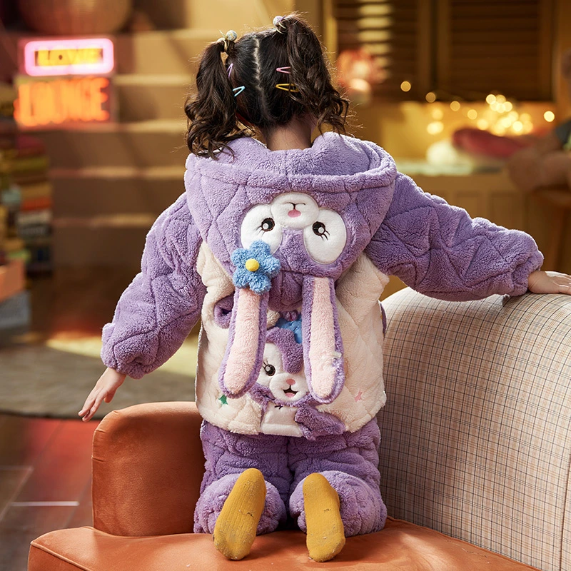 珊瑚绒女童三层夹棉加绒加厚儿童新款冬季套装公主卡通外穿家居服