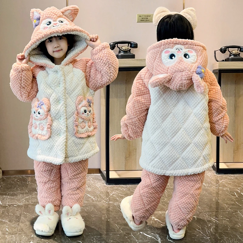 秋冬季珊瑚绒儿童三层夹棉女童家居服连帽睡衣卡通加绒加厚法兰绒