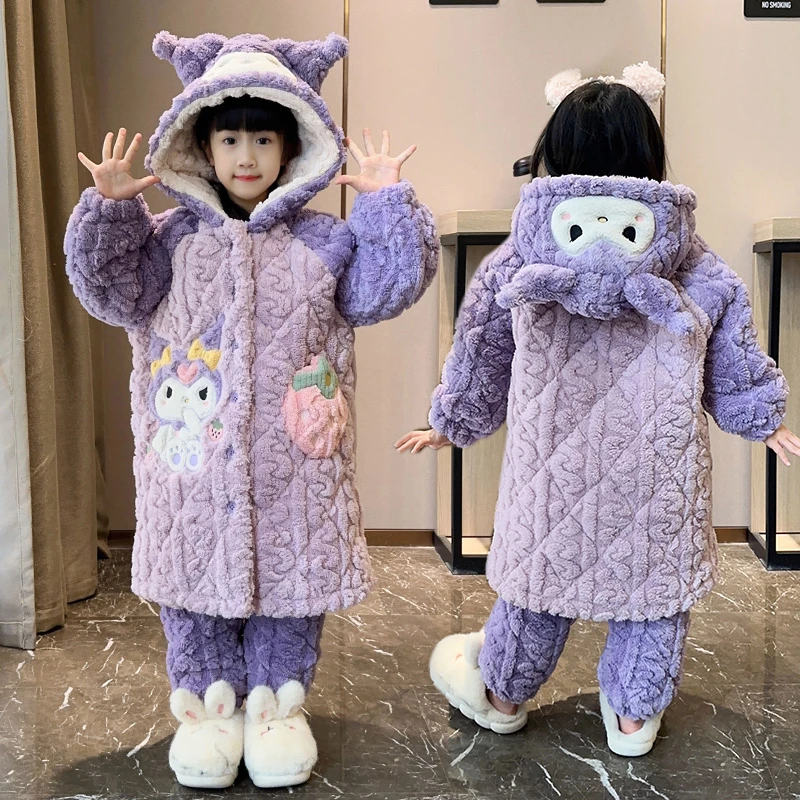 女童睡衣冬季法兰绒三层夹棉加绒加厚睡袍套装女孩儿童家居服直播