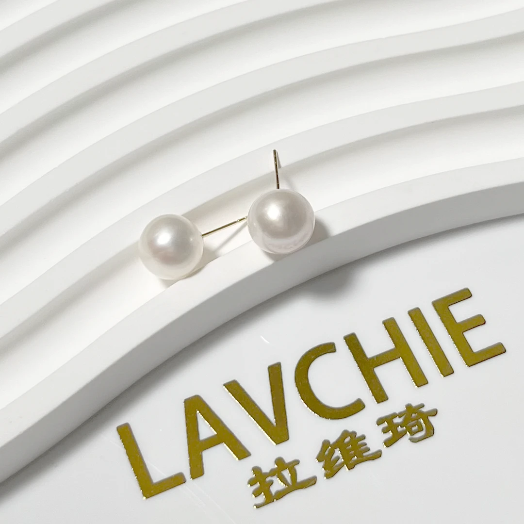 拉维琦赛天女8-9mm天然淡水无核珍珠耳钉极光极亮通体18K金耳钉