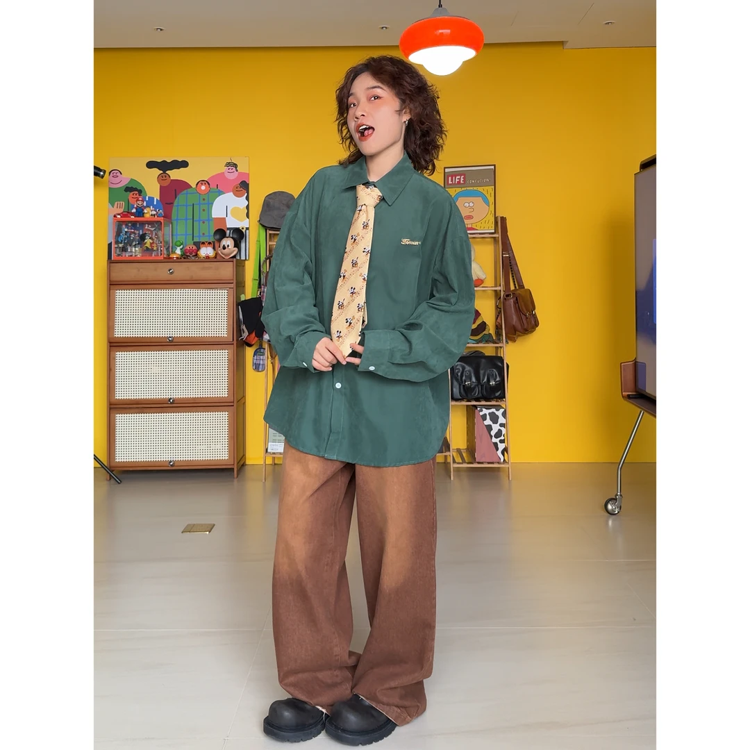 （抗皱丝绒衬衫）美式秋季复古长款衬衣小众丝绒百搭衬衣