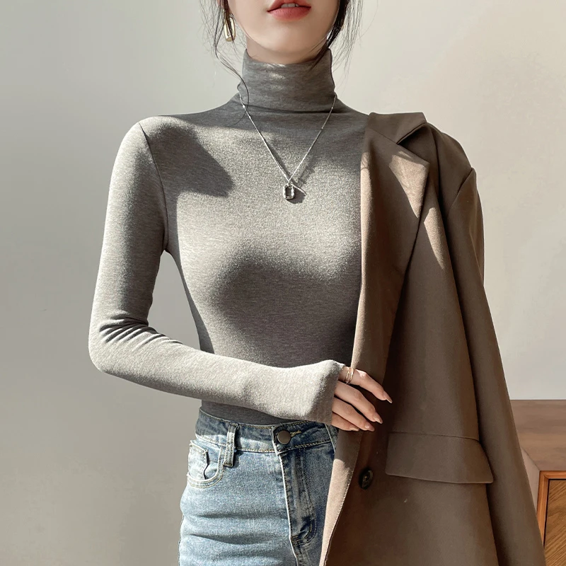 灰色高领打底衫女秋冬内搭修身黑色长袖T恤细纹磨毛上衣2025新款