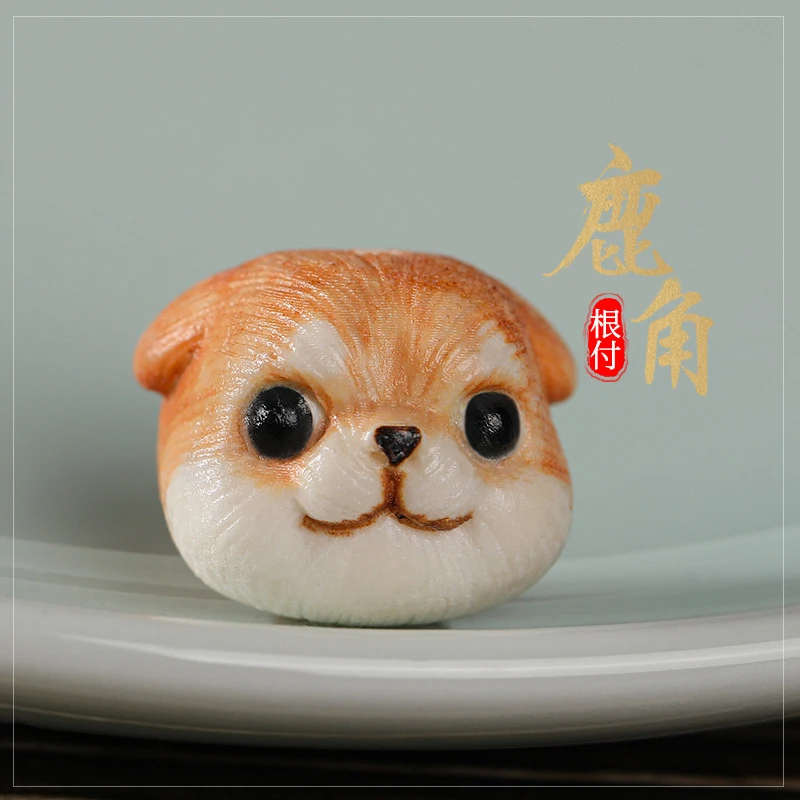 鹿角根付柴犬狗头小红书搭配手串DIY彩绘散珠配饰文玩雕刻饰品款