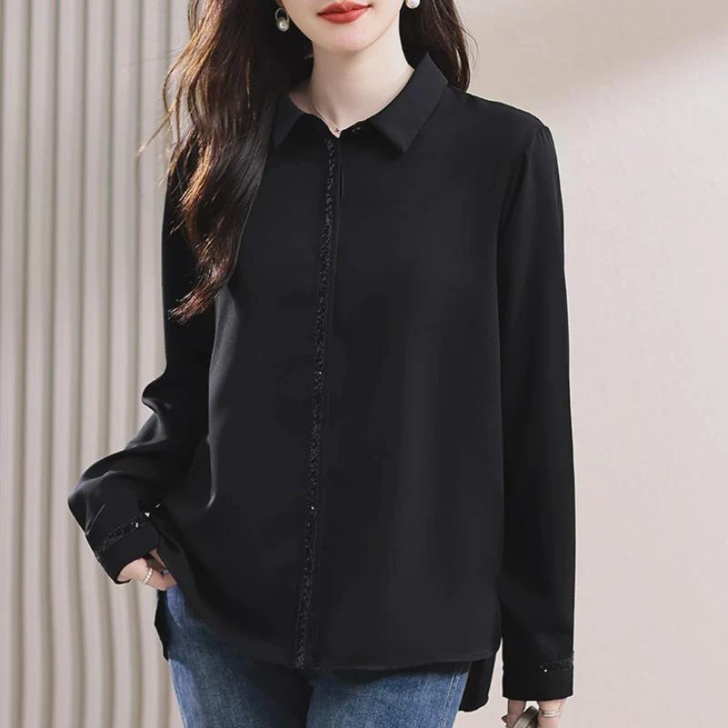 黑色长袖雪纺衬衫女士早秋装中长款宽松打底衬衣休闲百搭叠穿上衣