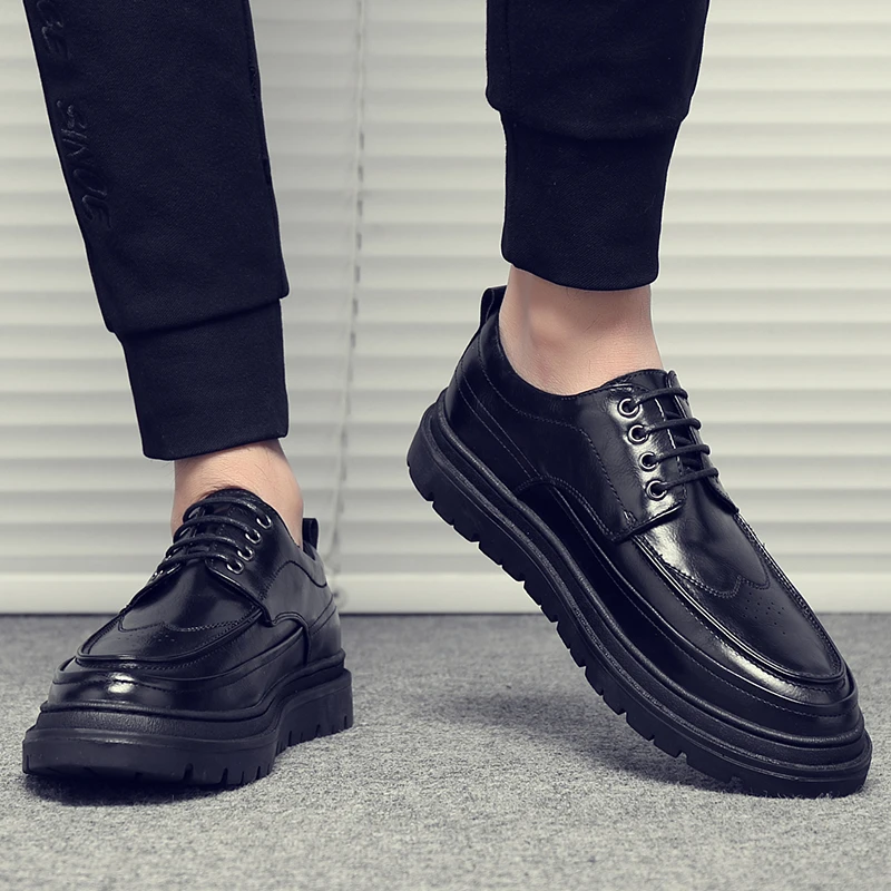 NY休闲皮鞋男士春秋英伦风韩版百搭小皮鞋软皮软底黑色布洛克男鞋