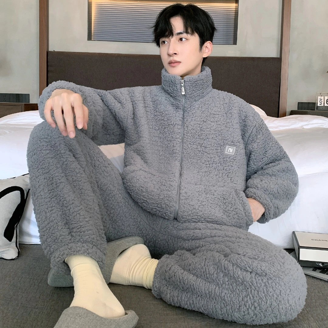 睡衣男秋冬款法兰绒加厚加绒保暖珊瑚绒立领冬天开衫家居服套装