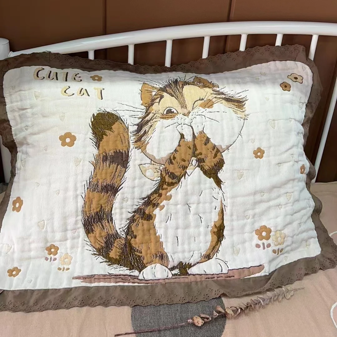 【可爱喵】纯棉全棉透气柔软韩式蕾丝花边枕巾