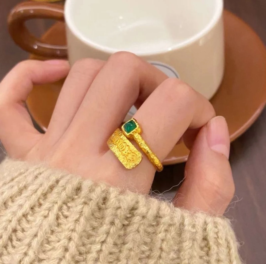 JZ6067 高品质六字真言戒指开口古法鎏金镶嵌轻奢饰品