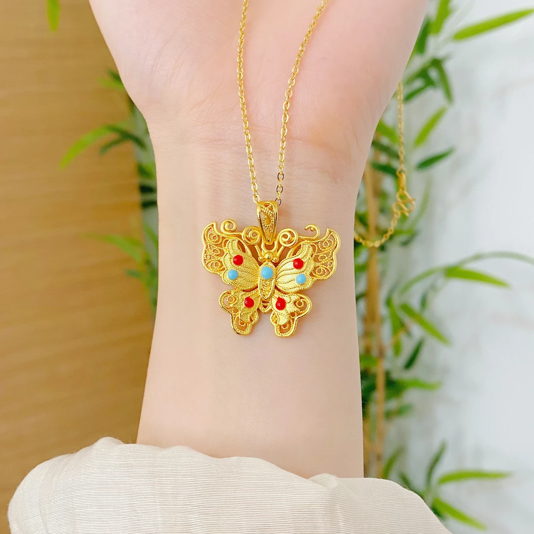 XL3527 珐琅花丝蝴蝶项链 复古宫廷风蝶舞首饰