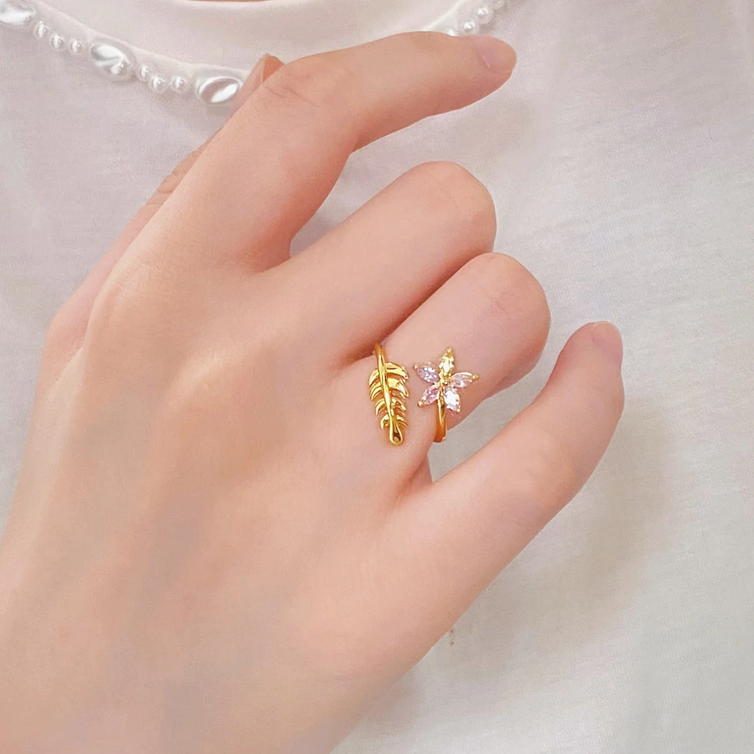 J019镶钻五花麦穗戒指 开口可调节