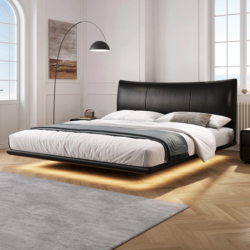 DEMEI/迪美尔真皮床现代简约主卧黑色高端大床意式极简婚床悬浮床