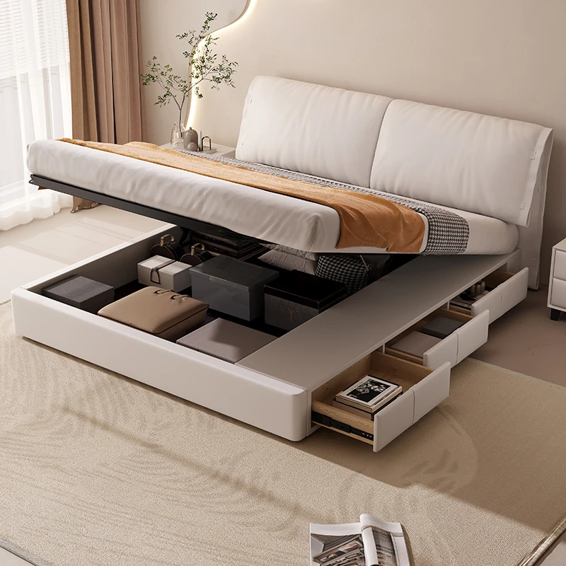 DEMEI/迪美尔真皮床现代简约气压高箱抽屉储物齐边双人床卧室