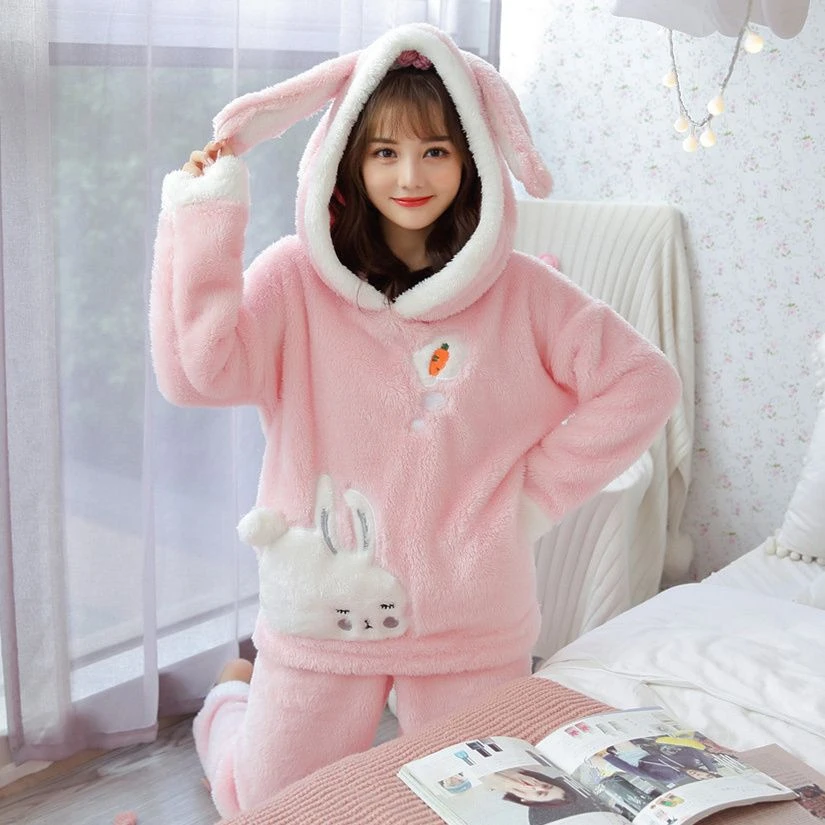 2025长毛绒甜美可爱连帽学生少女有口袋睡衣加厚法兰绒秋冬季套装