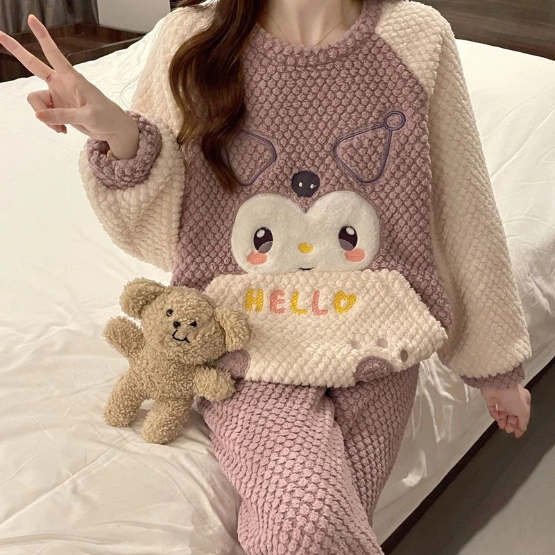 珊瑚绒睡衣女口袋秋冬季ins长袖加厚保暖学生少女家居服甜美套装