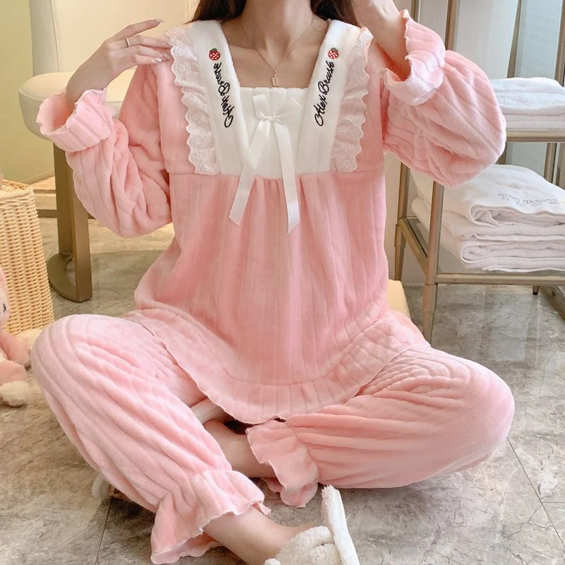秋冬珊瑚绒学生少女甜美可爱宫廷风高颜值法兰绒保暖家居睡衣套装