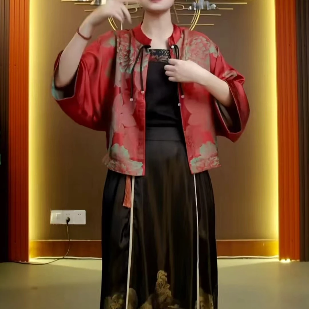 杭州老料黑金绝代风华大牡丹花新中式提花双面穿国风流光风