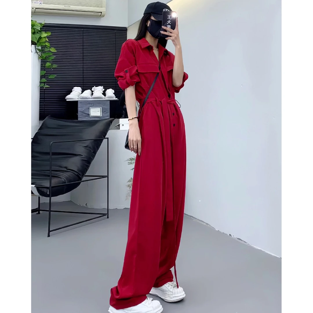 高级感红色长袖工装连体裤女2025款时尚宽松高腰显瘦连体衣阔腿裤