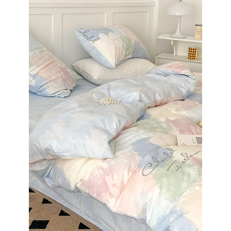 简约ins风纯棉床上四件套100全棉被套床单四季通用床笠三件套被罩