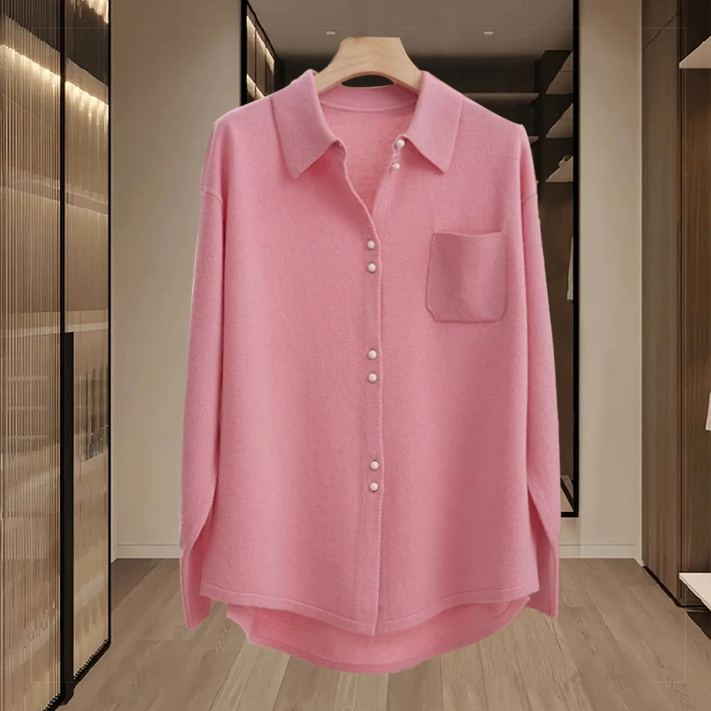 POLO领设计感长袖衬衫外套女士2025春秋新款宽松大码女装纯色衬衣