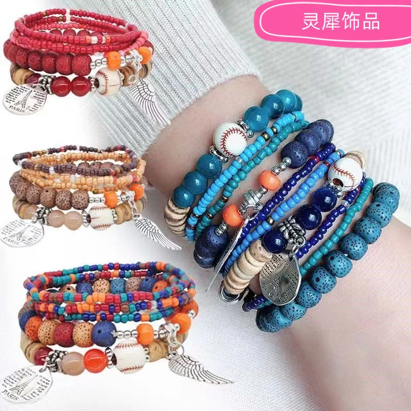 锌合金亚克力手链 波西米亚手串复古民族风多层组合手工米珠时尚