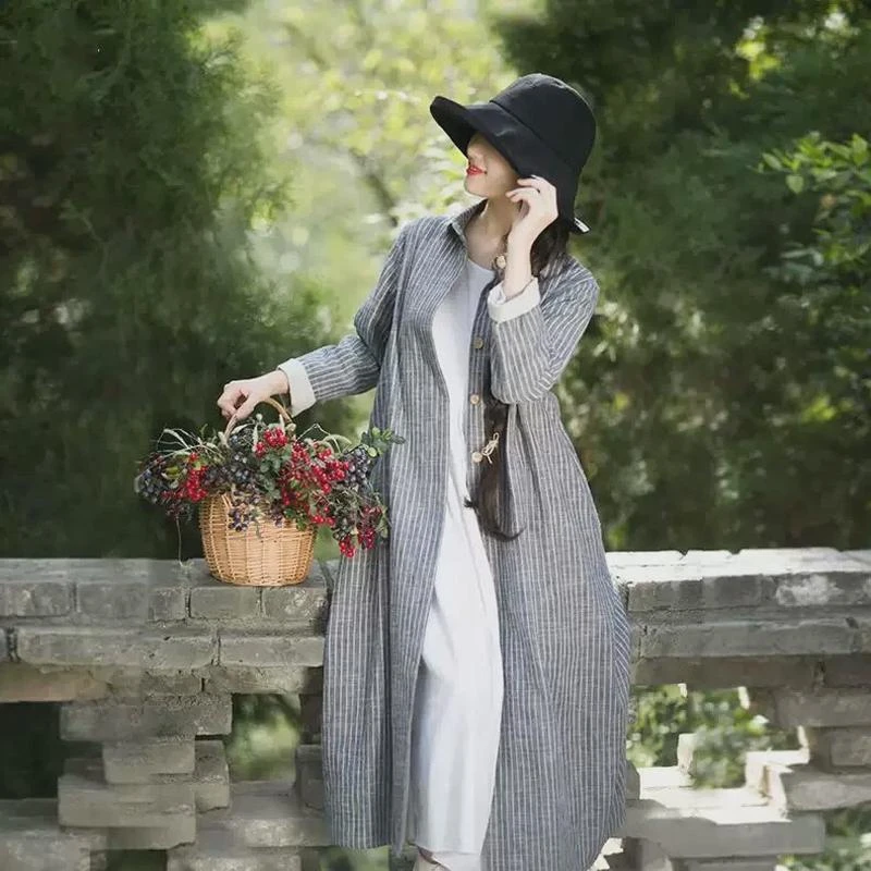 复古条纹中长款棉麻衬衫女秋季休闲宽松气质长袖开衫亚麻外搭上衣