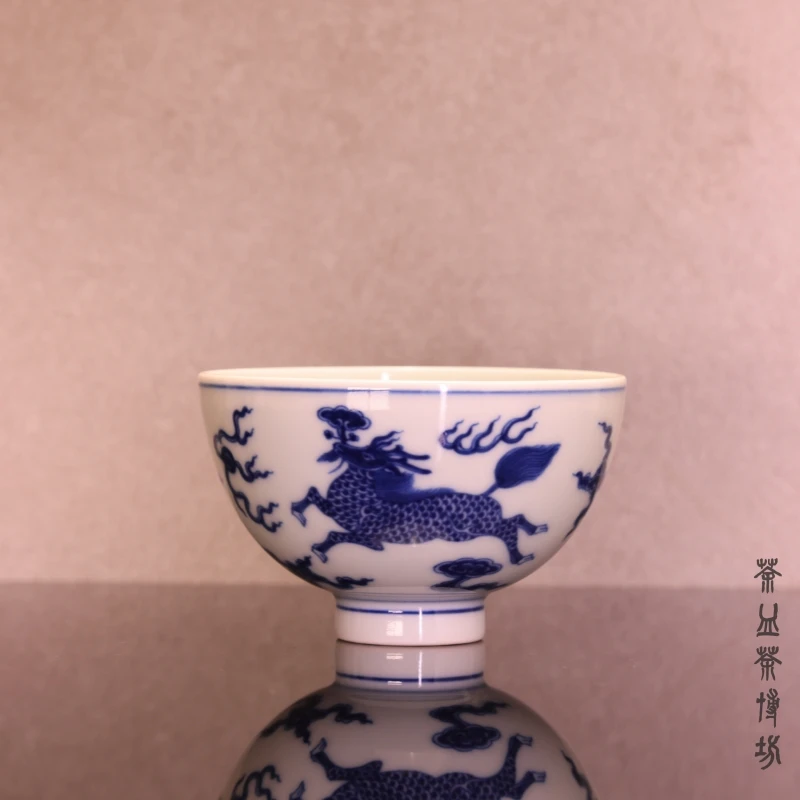 浣溪龙窑清麒麟鸡心杯青花手工主人杯手绘柴窑