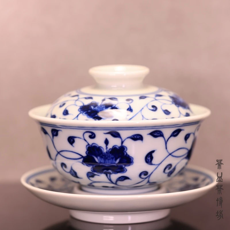 浣溪龙窑山茶花三才盖碗复古陶瓷小盖碗缠枝纯手工柴窑